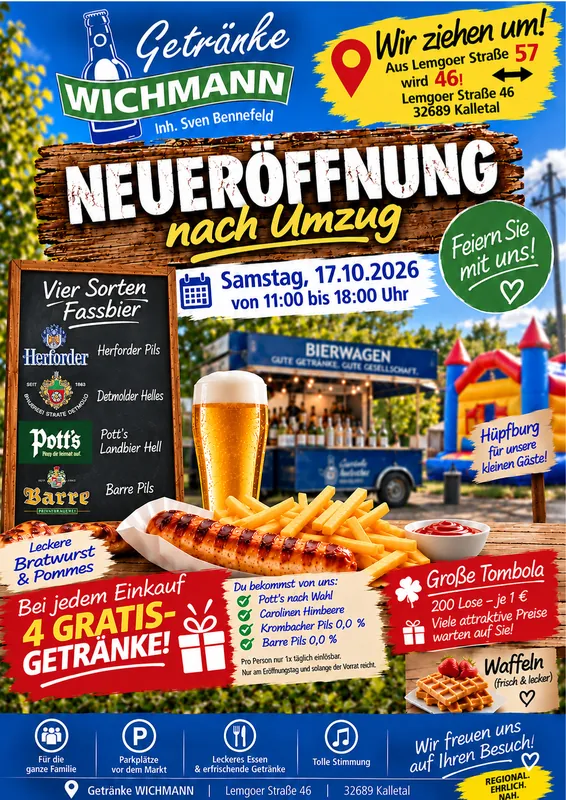 Flyer: Neueröffnung nach Umzug, Getränke Wichmann Hohenhausen, Samstag 17.10.2026 von 11 bis 18 Uhr, Lemgoer Straße 46